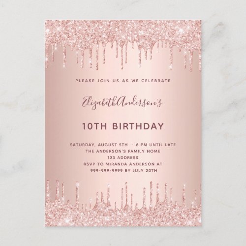 Birthday party rose gold glitter drips pink luxury invitation postcard