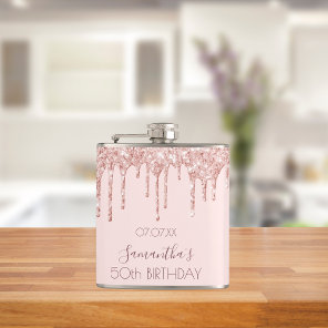 Birthday party rose gold glitter drips pink name flask
