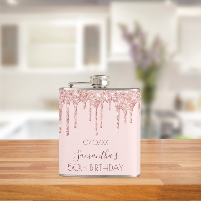 Birthday party rose gold glitter drips pink name flask (Creator Uploaded)