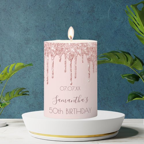 Birthday party rose gold glitter drips pink name pillar candle