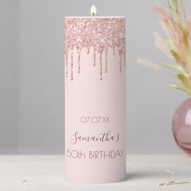 Birthday party rose gold glitter drips pink name pillar candle (In Situ)