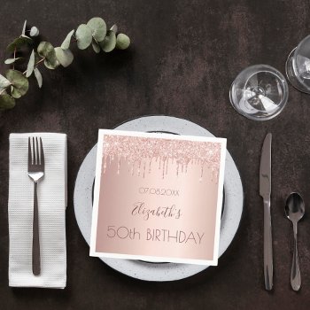 Birthday Party Rose Gold Glitter Drips Pink Napkins by Thunes at Zazzle