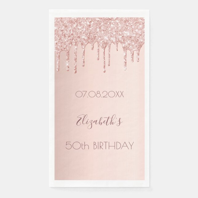 Birthday party rose gold glitter drips pink paper guest towels (Front)