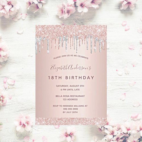 Birthday party rose gold glitter drips pink silver invitation