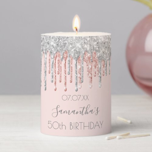 Birthday party rose gold glitter drips pink silver pillar candle