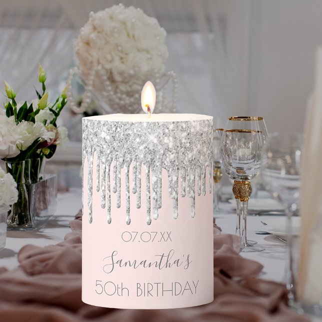Birthday party rose gold glitter drips pink silver pillar candle (Creator Uploaded)
