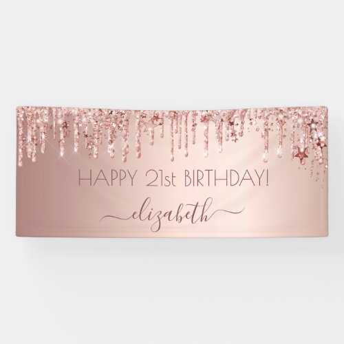 Birthday party rose gold glitter drips pink stars banner