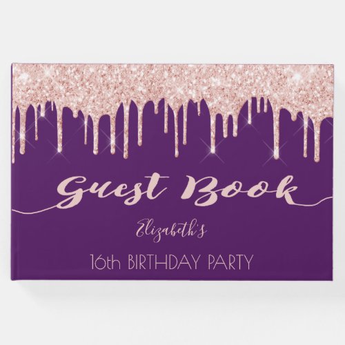 Birthday party rose gold glitter drips purple guest book