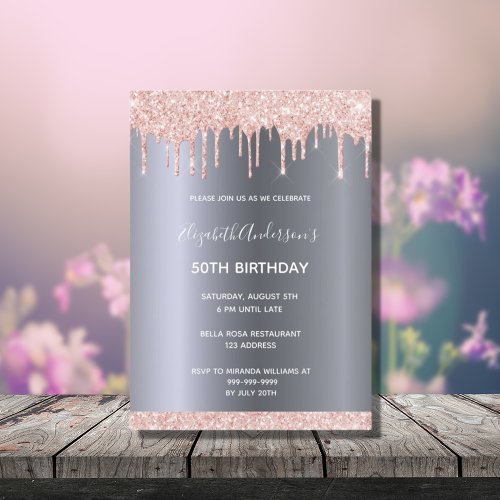Birthday party rose gold glitter drips silver invitation