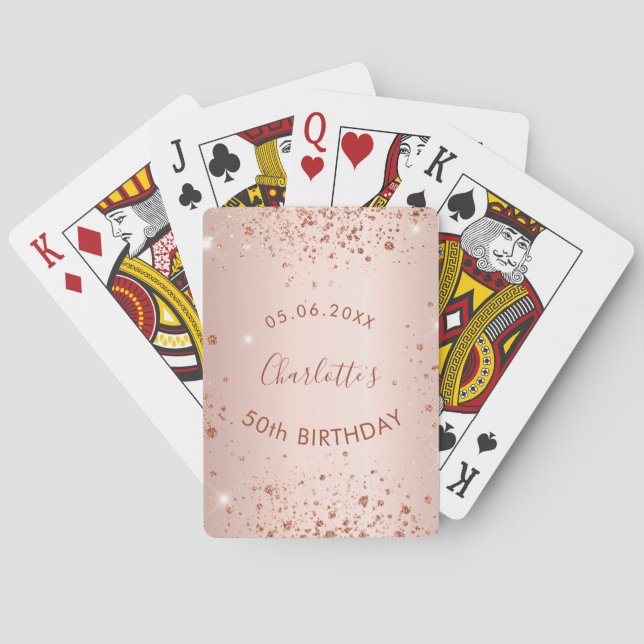 Birthday party rose gold glitter dust monogram poker cards (Back)