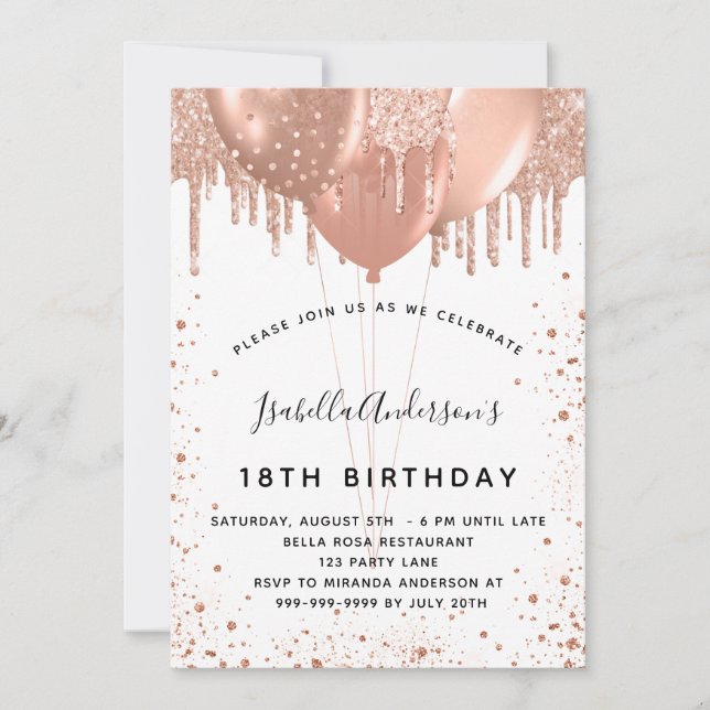 Birthday party rose gold glitter dust white invitation (Front)