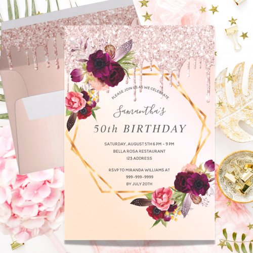 Birthday party rose gold glitter florals burgundy invitation