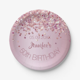 Birthday party rose gold glitter glamour pink paper plates