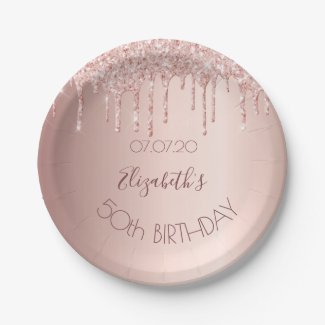 Birthday party rose gold glitter glamour women paper plate