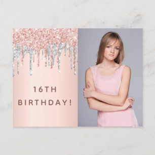 Birthday party rose gold glitter photo invitation postcard