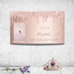 Birthday party rose gold glitter photo welcome banner<br><div class="desc">A banner for a girly and glamorous 16th (or any age) birthday party. A faux rose gold metallic looking background with an elegant faux rose gold, pink glitter drips, paint drip look. Add your own photo of the birthday girl. The text: Welcome to, and a name written in dark rose...</div>