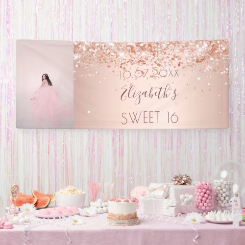 Birthday party rose gold glitter photo welcome banner