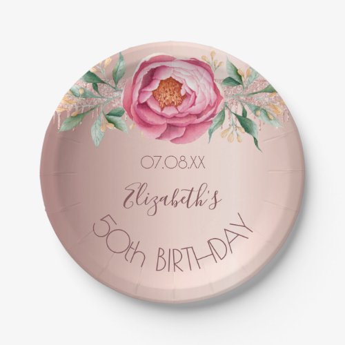 Birthday party rose gold glitter pink florals paper plates