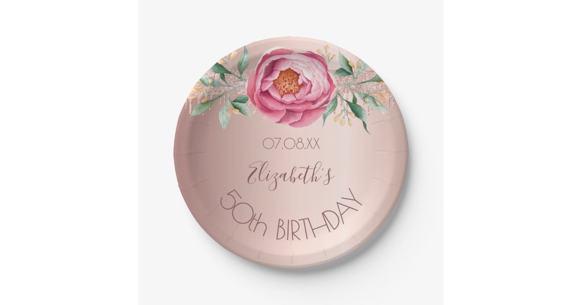 Birthday party rose gold glitter pink florals paper plates