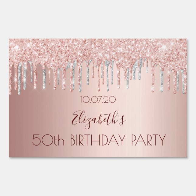 Birthday party rose gold glitter pink glam silver sign (Front)