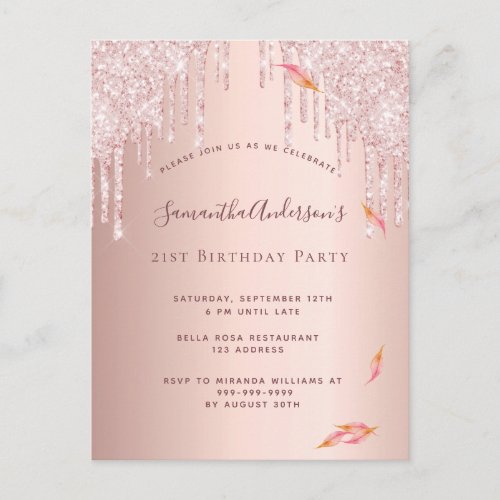 Birthday party rose gold glitter pink invitation postcard