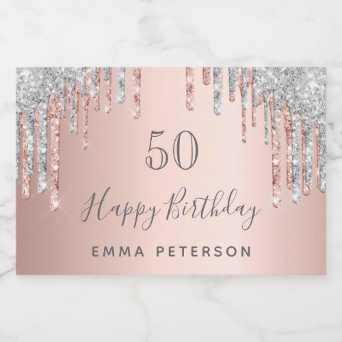 Birthday party rose gold glitter pink silver sparkling wine label