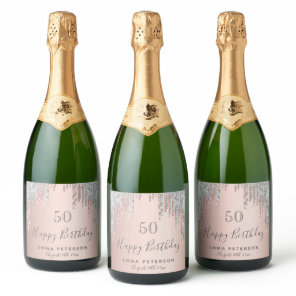 Birthday party rose gold glitter pink silver sparkling wine label