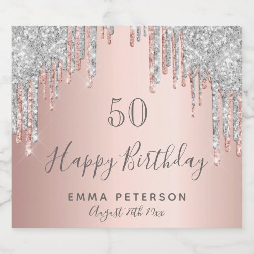 Birthday party rose gold glitter pink silver sparkling wine label
