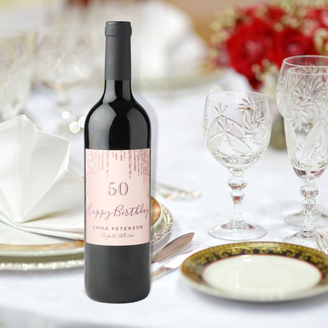 Birthday party rose gold glitter pink sparkle wine label (Creator Uploaded)