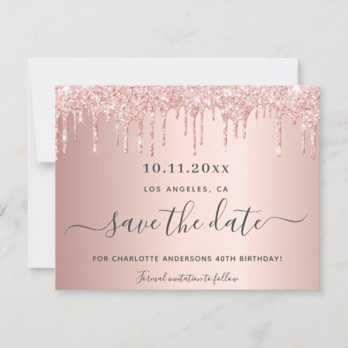Birthday party rose gold glitter save the date