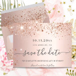 Birthday party rose gold glitter save the date announcement postcard<br><div class="desc">A girly and trendy Save the Date card for a 40th (or any age) birthday party. A feminine pink, rose gold faux metallic looking background decorated with faux rose gold glitter dust. Personalize and add a date and name/age 40. Dark rose gold colored letters. The text: Save the Date is...</div>