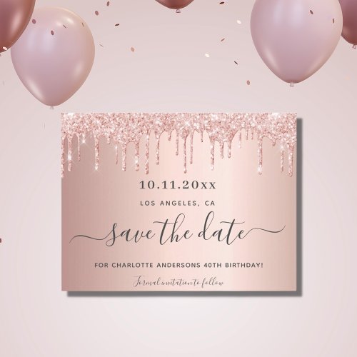 Birthday party rose gold glitter save the date announcement postcard