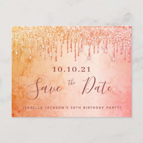 Birthday party rose gold glitter save the date postcard