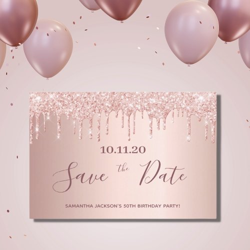 Birthday party rose gold glitter save the date postcard