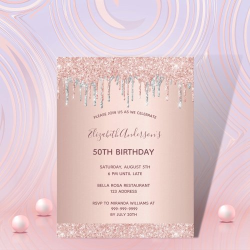 Birthday party rose gold glitter silver invitation postcard