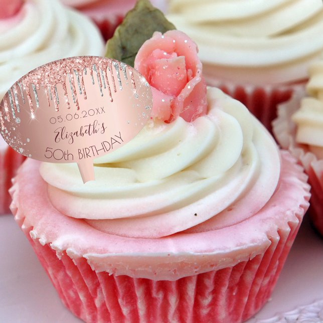 Birthday party rose gold glitter silver monogram cake topper (Creator Uploaded)