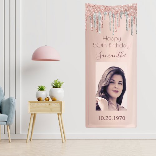 Birthday party rose gold glitter silver photo banner