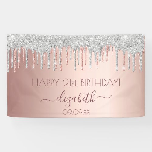 Birthday party rose gold glitter silver sparkle banner