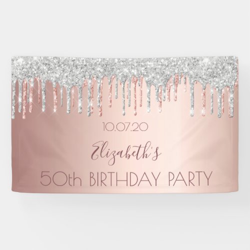 Birthday party rose gold glitter silver sparkle banner