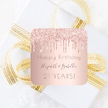Birthday party rose gold glitter two 2 persons square sticker<br><div class="desc">For a girly and glamorous 21st (or any age) birthday party for 2 two persons. A faux rose gold, pink gradient background with rose gold faux glitter drips, paint dripping look. The text: Happy Birthday. Personalize and add two names and age 21. The names are written in dark rose gold...</div>