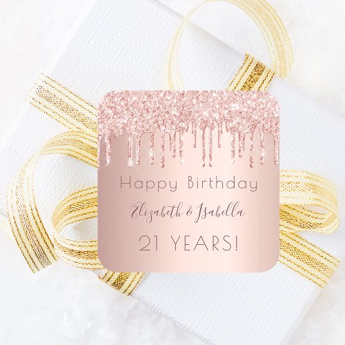 Birthday party rose gold glitter two 2 persons square sticker