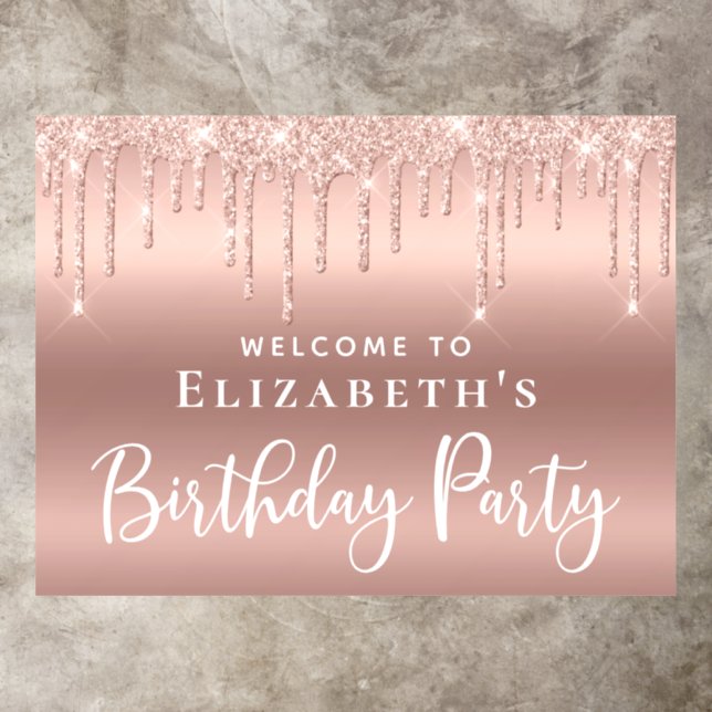 Birthday Party Rose Gold Glitter Welcome Sign Floor Decals (Insitu)