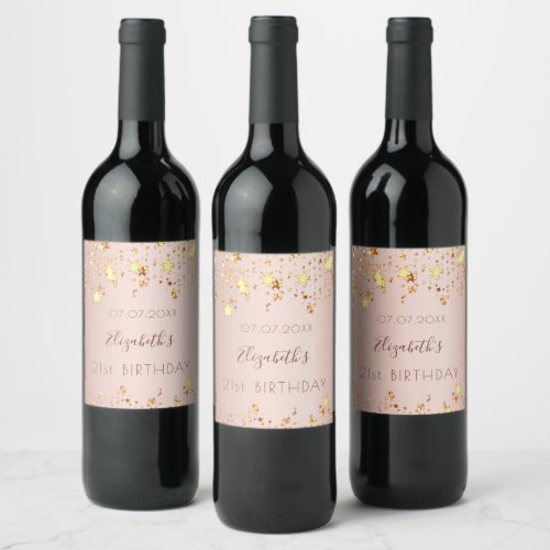 Birthday party rose gold golden stars 21 years wine label