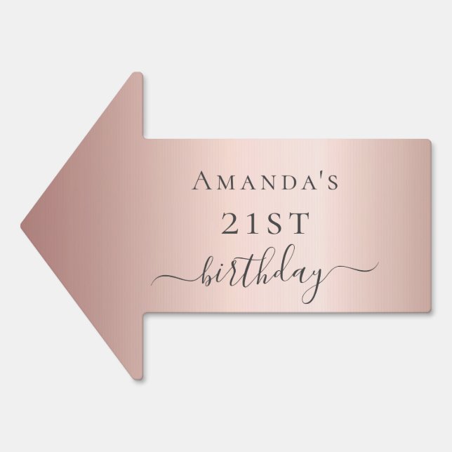 Birthday party rose gold metallic name arrow sign (Front)