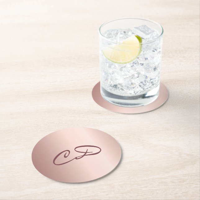 Birthday party rose gold monogram initials round paper coaster (Insitu)