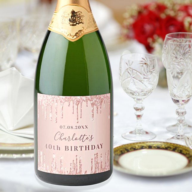 Birthday party rose gold name sparkling wine label (Creator Uploaded)