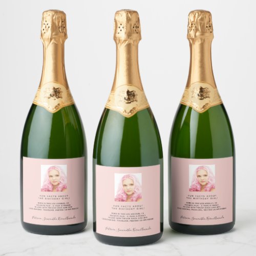 Birthday party rose gold photo fun facts biography sparkling wine label