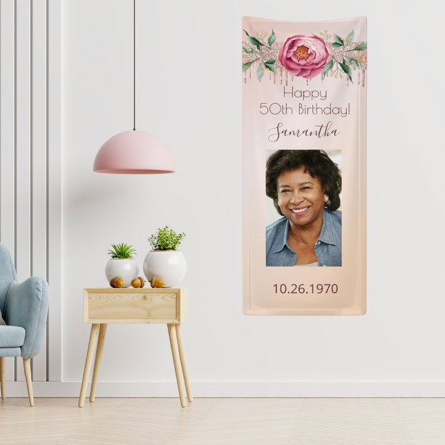 Birthday party rose gold photo glitter floral banner (Creator Uploaded)