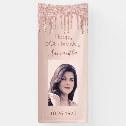 Birthday party rose gold photo glitter pink banner