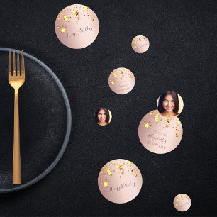 Birthday party rose gold photo golden stars pink confetti
